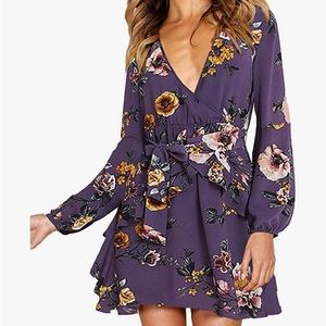 Long Sleeve V Neck Dress, Floral Mini wrap Dress with Belt